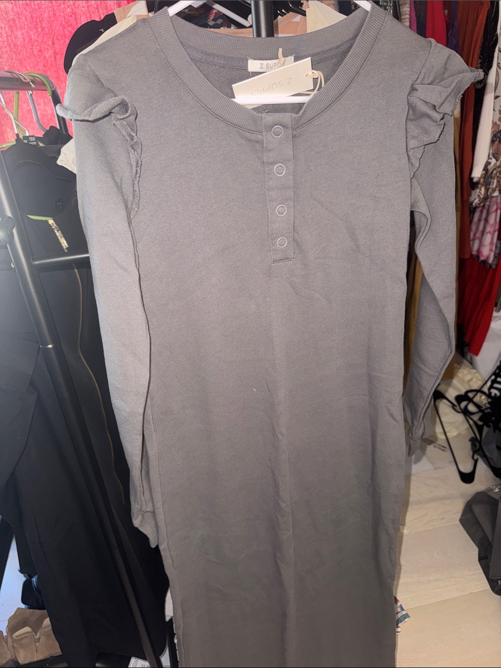 Z Supply Grey Long-Sleeve Henley Dress with Ruffle Shoulders